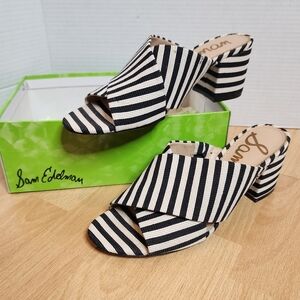Sam Edelman Stanley Mule Heels Black Cream Striped Size 10.5M